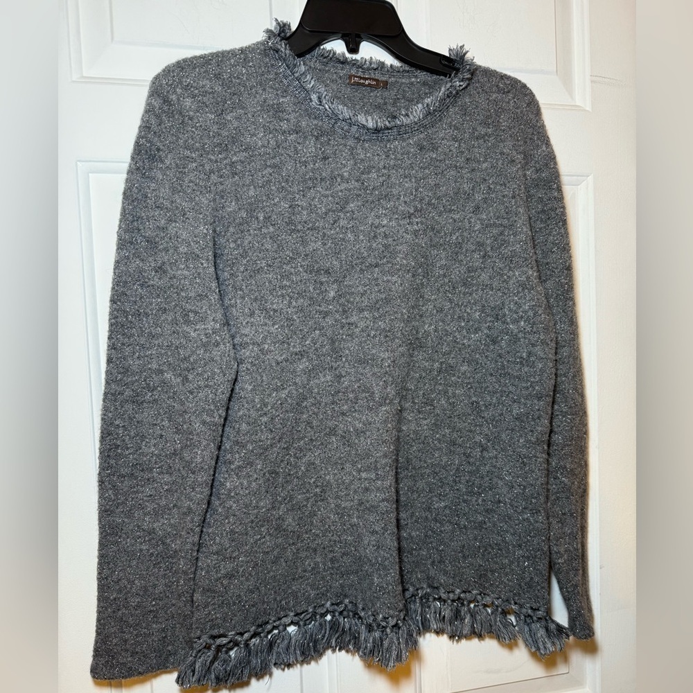 J McLaughlin Grey & Silver Metallic Fringe Tassel Sweater Size Large Alpaca Wool